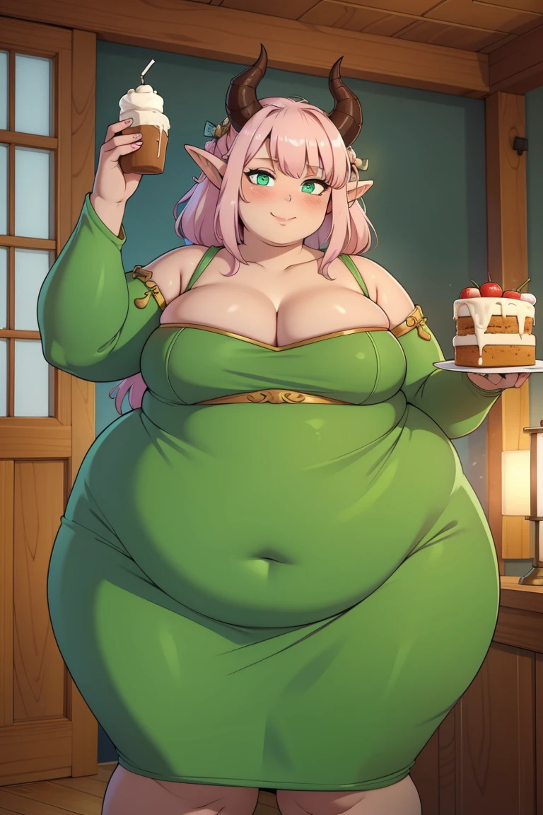 Masterpiece, high quality, best quality, beautiful, HD, perfect lighting, detailed face, detailed body, ((1girl)), ((solo)), small breasts, cleavage, long hair, colored skin, horns, pointy ears, tiefling, light pink hair, green eyes, shily smiling, blushing, tavern dress, green tavern dress, she's in a tavern, a bit dark, candles glowing, stuffed_belly, tight dress, her dress is tight on her waist, very petite chest, small boobs, green clothing, she's eating cake, her face is covered by cake, there is a bit of cake on her cleavage, scrumb on cleavage and face, belly_overhang, fat, fatblob, double_chin, double_belly, immobile, hyper_belly, belly_bigger_than_body, apple_shaped_body, hyper_hips, belly_on_ground