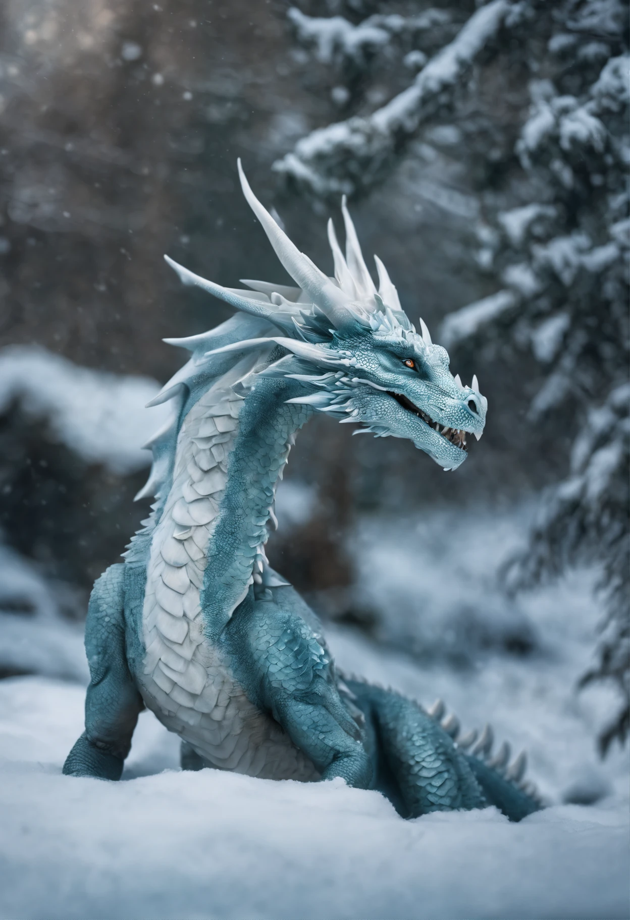 a painting with a dragon in the snow hangs near a tree, Portrait of a Dragon, Portrait of a Dragon, dragon art, Гиперреалистичный D & D Фэнтезийное искусство, 4 thousand. Fantasy Details, Soft gentle dragon features, detailed fantasy art, oil painting of dragon, European Dragon, mythical creature, D&D Commission Art Dragon, Dragon with scars, Frost Dragon