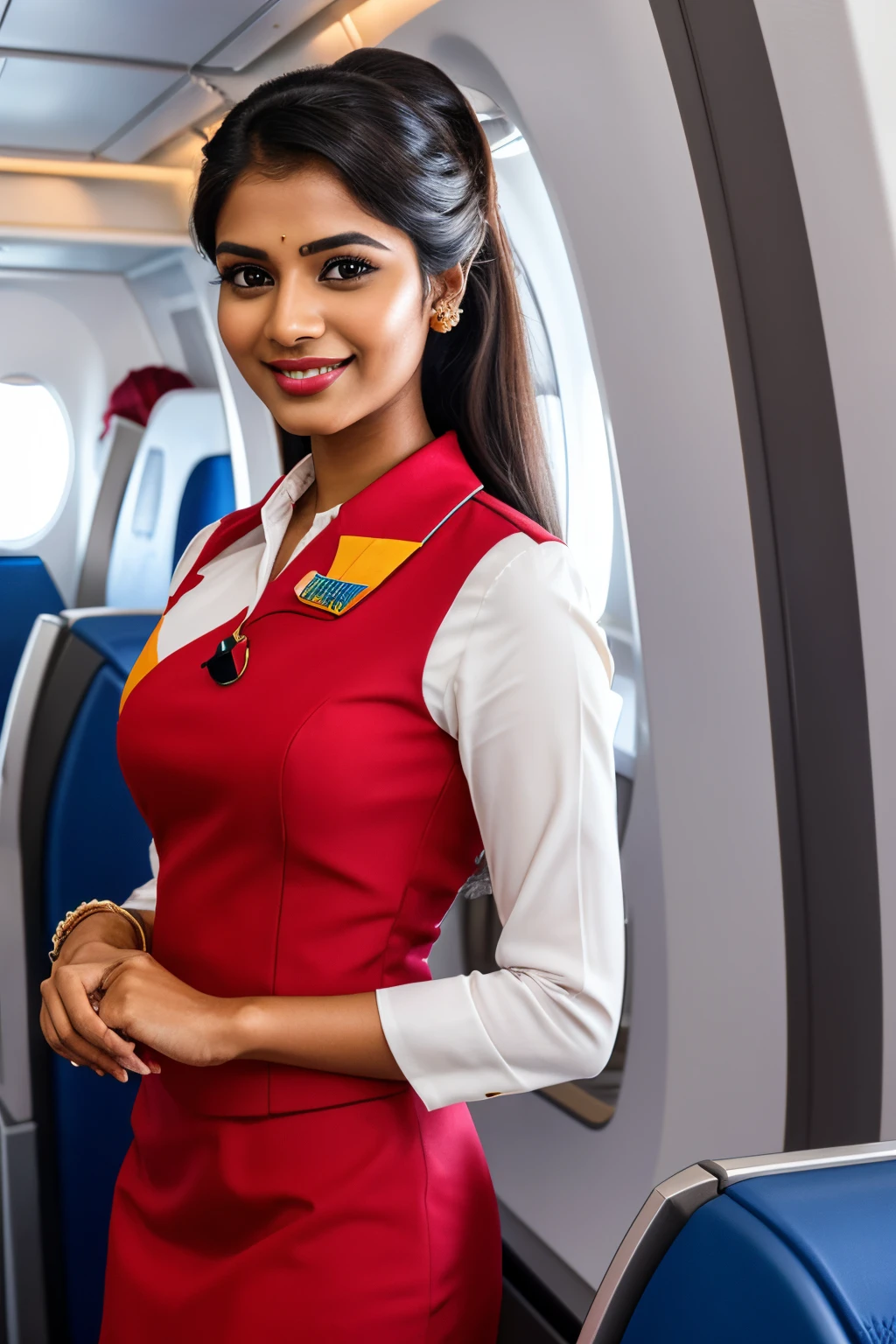 full body portrait of 25 year old Tamil girl, air hostess, standing and welcoming passengers inside the flight, (bright smile), (ultra detailed:1.6 face eyes eyelashes nose ears lips curves skin hands 5 fingers anatomy body parts), glossy red lips, black ponytail hair, (wearing:1.6 royal air hostess dress), UHD, 64K, masterpiece, high quality, intricate detailing, award winning photograph