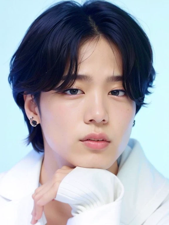 un primer plano de una persona vestida con una camisa blanca y una chaqueta blanca, Jimin\labios regordetes, Jimin, Parque Jimin, Jimin\Nariz griega de, Cara precisa de Jimin, Jimin\swollen right eyelid, Taejune Kim, Kim Doyoung, Hyung Tae, Jung Jaehyun, Shin Jeongho, Sun Yunjoo, Hong June Hyung