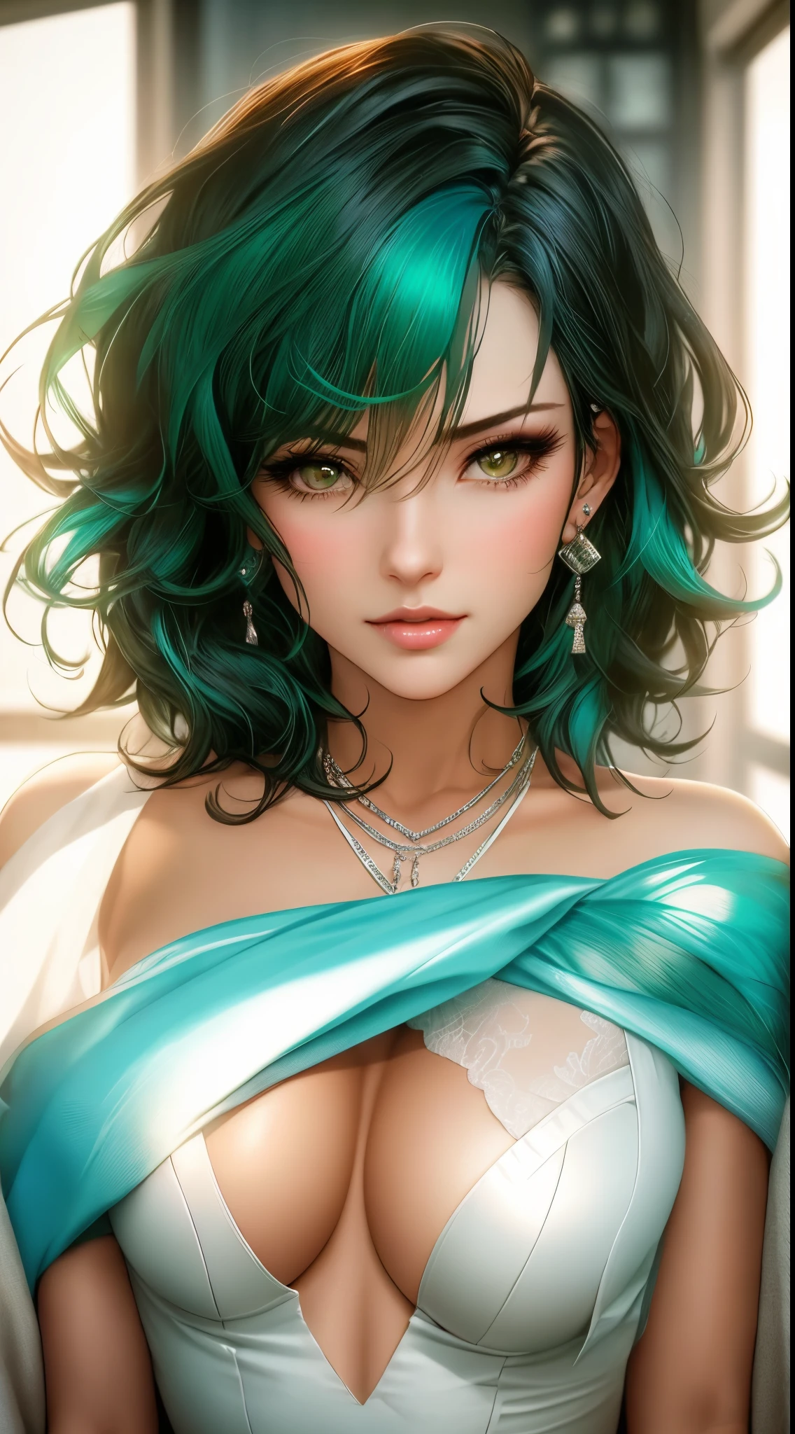 arafed image of a sexy couple posing together in a window, seductive tifa lockhart portrait, tifa, tifa lockhart, tifa lockheart, tifa lockhart portrait, glamorous tifa lockheart, portrait of tifa lockhart, tifa lockhart with Green hair, range murata and artgerm, 8k high quality detailed art