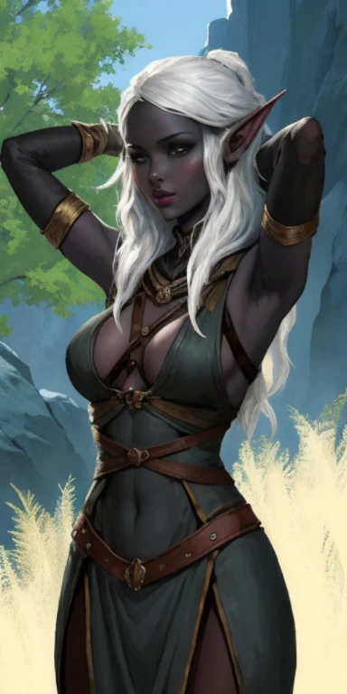 black blindfolded female drow elf slave wearing an adventurer outfit