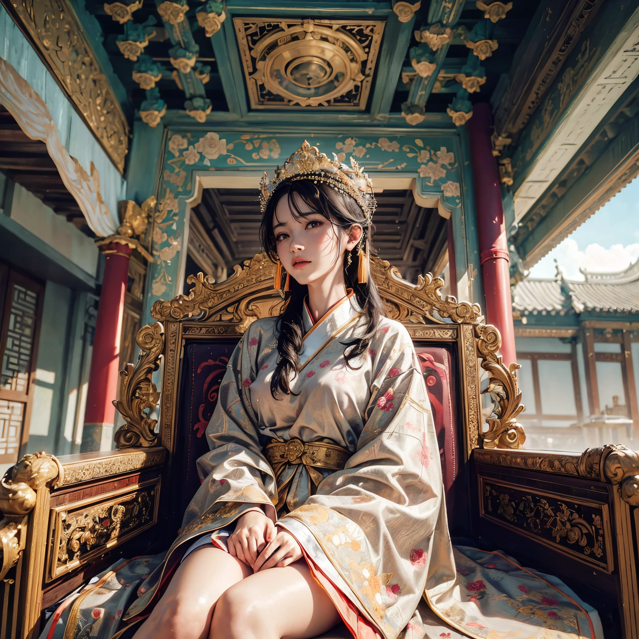 generate chinesse lady wearing traditional chinesse dress, she sit on empress throne, showing her boob, showing her cleaveage, traditional chinesse castle, detail traditional chinesse imperial building and ornaments, detail, 8k, beautifull decoration, detail, 8k, beautifull panorama, masterpiece, best quality:1.2),(8k,highres,RAW photo,realistic,photo-realistic:1.3),(detailed skin texture,detailed cloth texture,beautiful detailed face:1.25),professional lighting,photon mapping,beautiful soft light,radiosity,physically-based rendering,raytracing, model shoot style, model shoot style, (extremely detailed CG unity 8k wallpaper), full shot body photo of the most beautiful artwork in the world, (((nsfw))), (((nude))), (((naked))), (((nipples)))