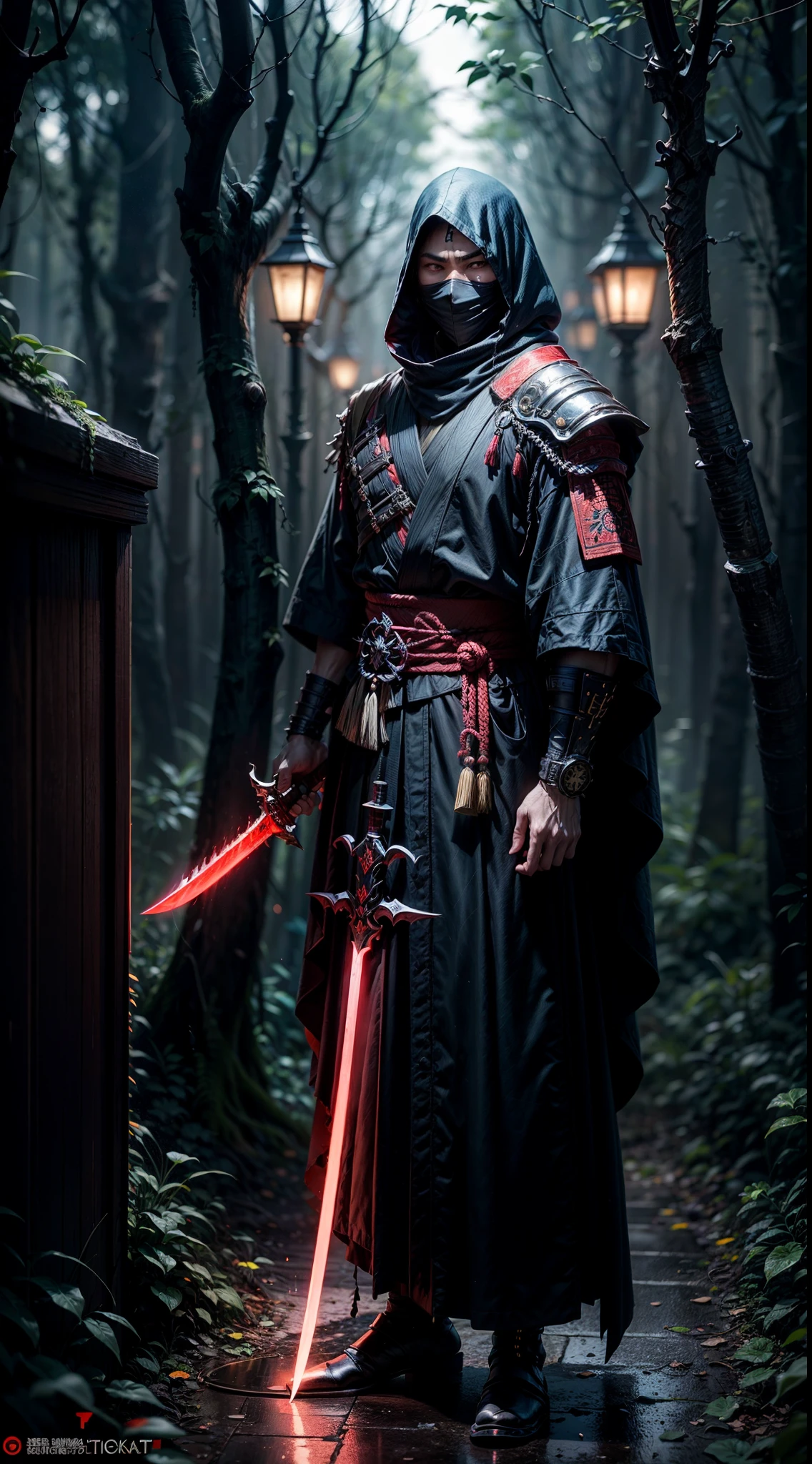 anime character with a red light sword in a dark forest, cyberpunk samurai, portrait of a cyberpunk samurai, very beautiful cyberpunk samurai, benedick bana, dark cloaked necromancer, portrait of a bloodborne hunter, inspired by Kanō Hōgai, ww 1 sith sorcerer, dark concept art, omen from valorant