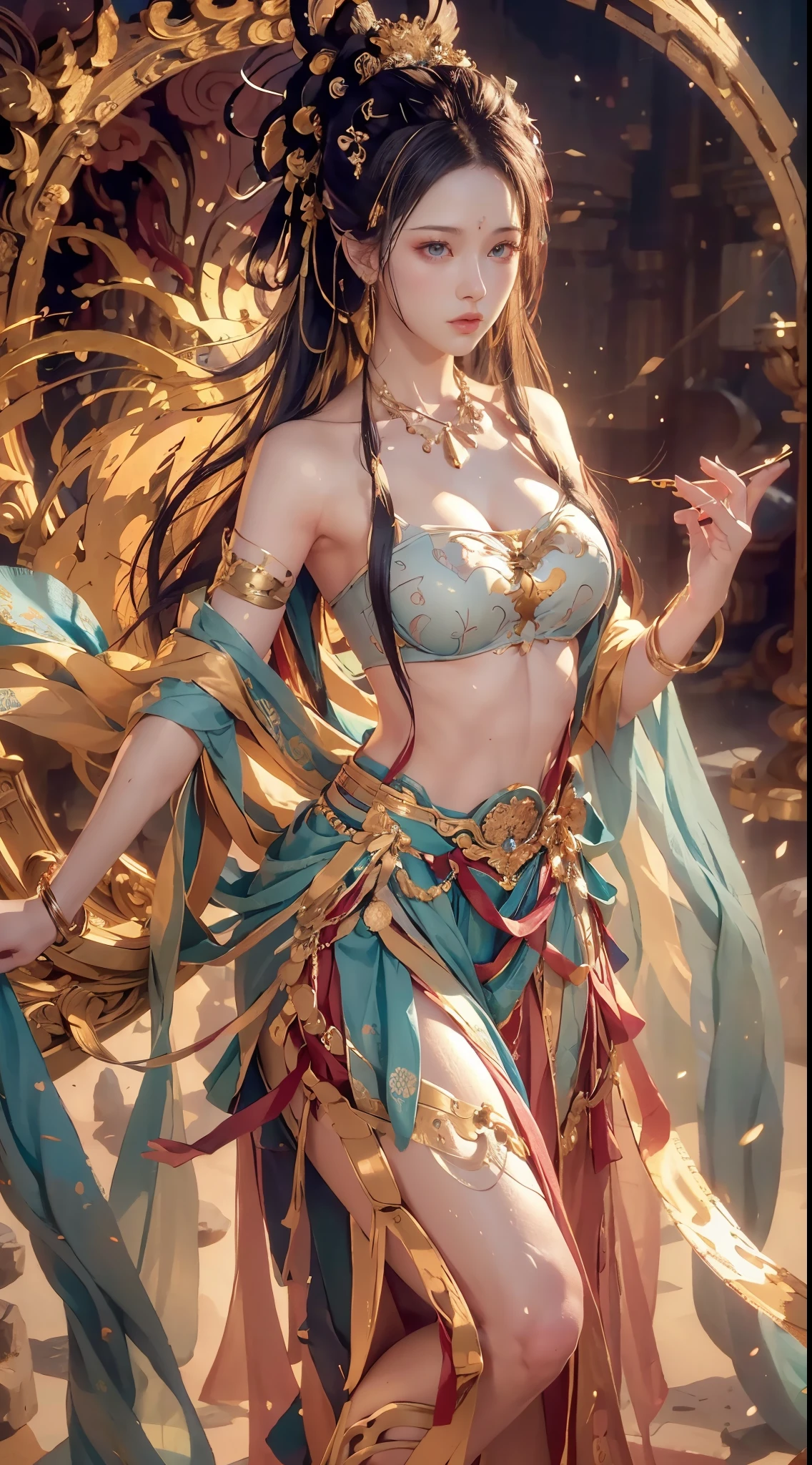 (Fullbody shot:1.3),(RAW photo, Best quality), (Realistic, photo-realistic:1.3), Highly detailed, Ultra-detailed, Small bra B cups，1girll, Dynamic Angle, world mastery theater, Messy_Long_Hair, extremely detailed CG unity 8k wallpaper, ink, astounding, lenlare, dunhuang_Style, (big breasts beautiful+fanciful), (8k wallpaper:1.2+8k wallpaper:1.1), (art-style+art work) Perfect facial features, Super realistic, illustration, surrealism, cubismo, Best quality, Masterpiece, Best quality, High details