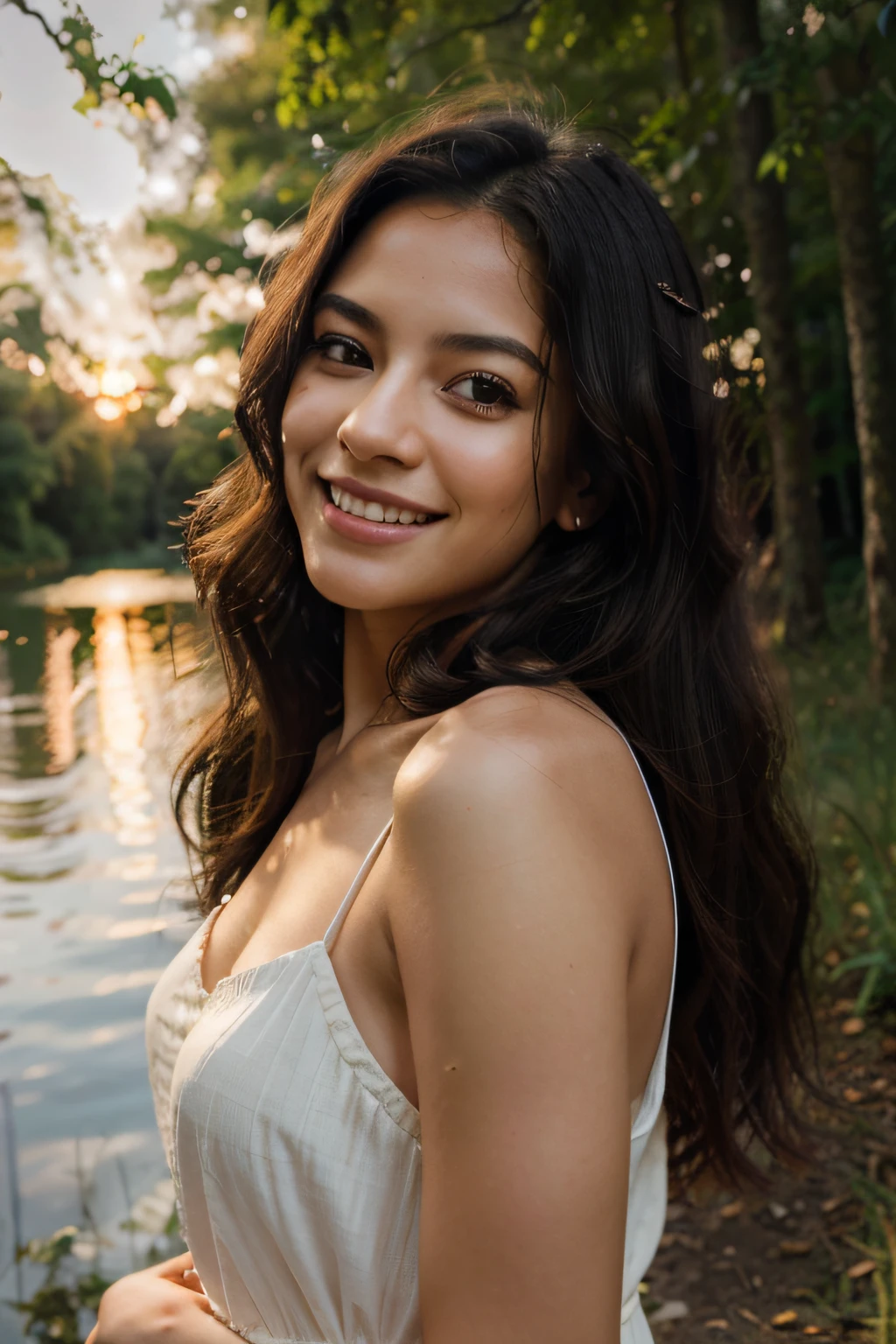 (highres:1.2),portrait,Latina woman, 25 years old,long black hair,hazel eyes,smiling,walking in a forest with a lake,during a beautiful sunset,soft lighting,serene atmosphere,nature,majestic trees,subtle breeze,lush greenery,tranquil water surface,evening sky with warm orange and pink hues,peaceful reflection on the lake,long flowing dress,graceful movement,joyful expression,delicate details on facial features,fine strands of hair gently swaying,gentle caress of sunlight on her skin,harmonious composition of nature and beauty