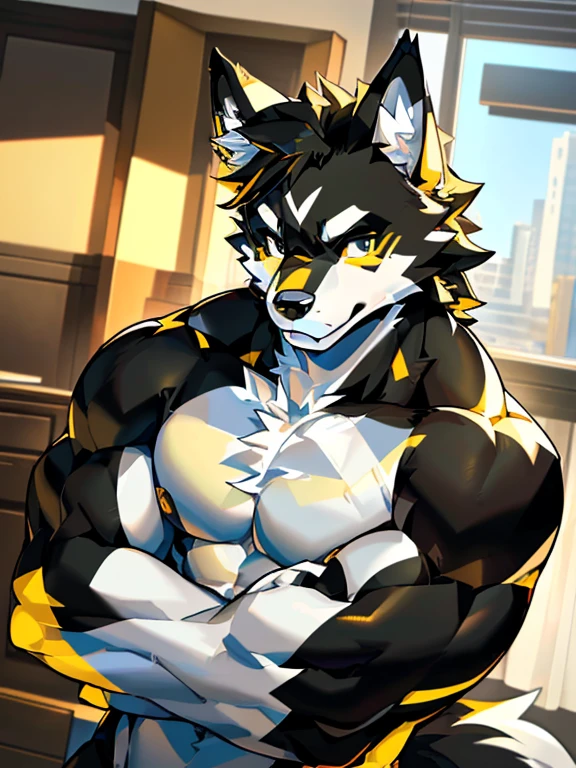 (1boy), solo, male anthro, kemono, white and black fur, ((yellow fur accents)), (white torso), muscle, hunk, sexy, handsome boy, detailed eyes, white eyebrow, black boxer, (masterpiece, soft skin, warm air, wolf ears, black eyes, ray tracing, 4k, anatomically correct, highres, looking at camera.