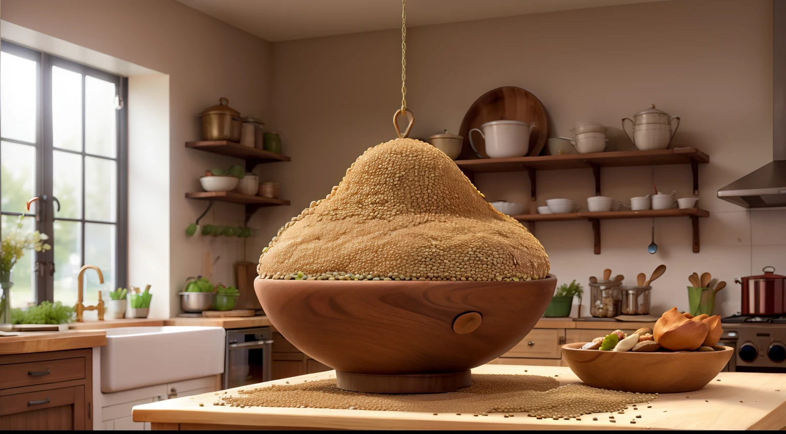 The kitchen is filled with birds pecking lentil seeds. Al centro una piccola colomba bianca ha ordinato tutti i semi raccolti