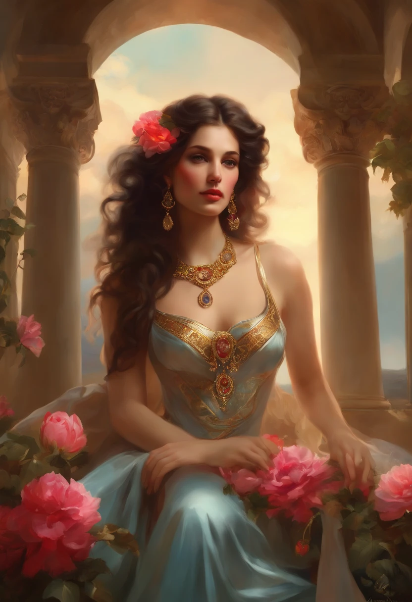 Huma Qureshi, young, beautiful, large breasts, sitting in a ancient ruins, wearing a crumpled strapless bra and a transparent dhoti, picking flowers, smiling, wearing floral ornaments, flower in hair, long dark brown braided hair, detailed, photorealistic artwork by Louis Royo, by Boris Vallejo, by Frank Frazetta