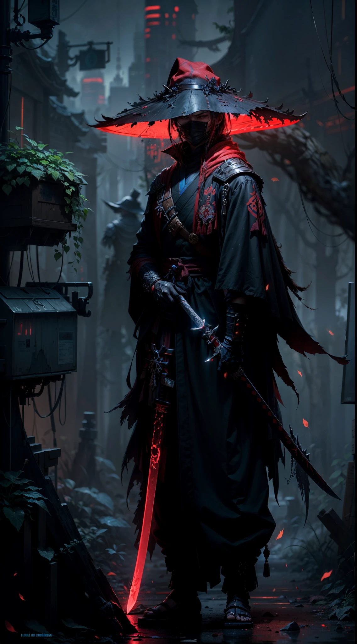 anime character with a red light sword in a dark forest, cyberpunk samurai, portrait of a cyberpunk samurai, very beautiful cyberpunk samurai, benedick bana, dark cloaked necromancer, portrait of a bloodborne hunter, inspired by Kanō Hōgai, ww 1 sith sorcerer, dark concept art, omen from valorant