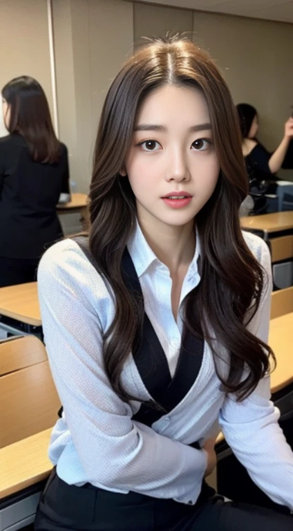 A woman with the same face as last time，１Man Woman、Slender Abs、Loose wavy styling、Please express it beautifully in every detail......having clothes are worn、Wearing a suit、Sitting at a desk、is standing、full body Esbian.Attractive position、 Including face and skin texture.，Detailed eyes，Seducting look