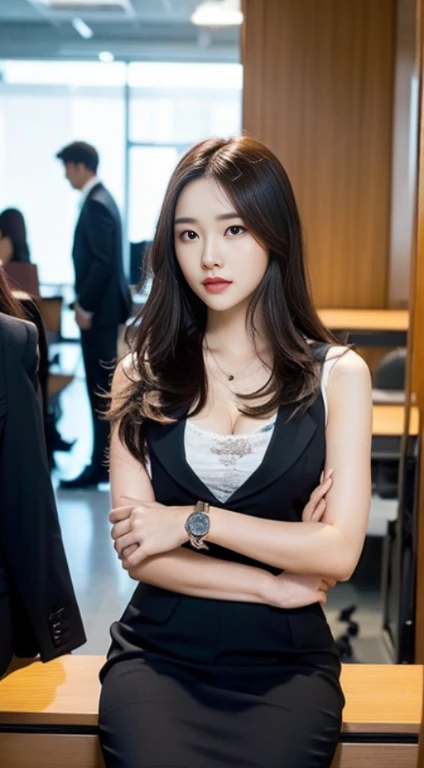 A woman with the same face as last time,1Man Woman、Slender Abs、Loose wavy styling、Please express it beautifully in every detail......having clothes are worn、Wearing a suit、Sitting at a desk、is standing、full body Esbian.Attractive position、 Including face and skin texture.,Detailed eyes,Seducting look