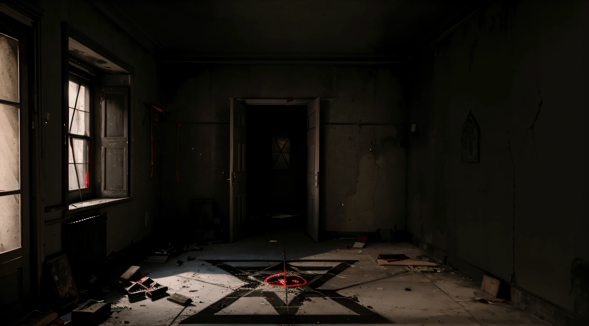 room with several white and red candles on the floor, um pentagrama invertido desenhado no meio da sala, sacrifice of a dead man, decomposing animal in the center of the pentagram, several broken food plates, pentagrama invertido desenhado com tinta preta. Blood stained floor, paredes sujas em uma atmosfera sombria. Estilo Resident Evil e Alone in the Dark. diagonal camera. Multiple renderings of the same scene from different angles. night time, paredes com lama.