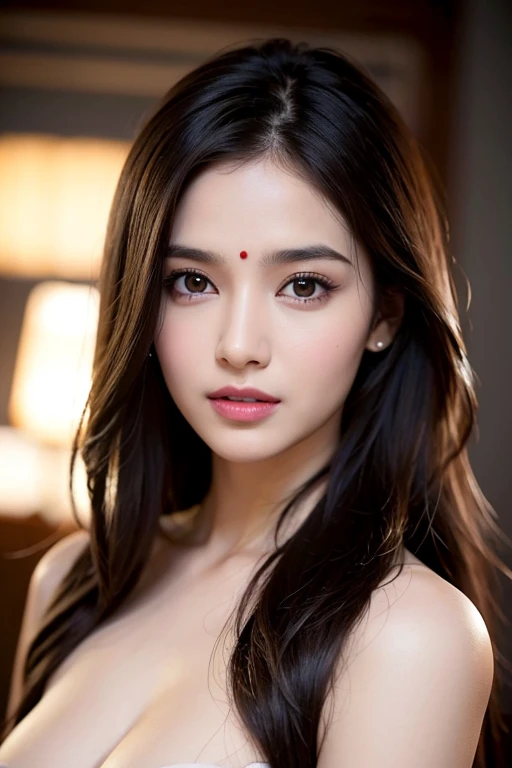 Portrait of Indian most beautiful and attractive woman in her 30s as a beautiful female model, beautiful face, [[Long Brunette Shag with Subtle Highlights]] Her dark hair falls in loose waves around her face, dramatic lighting, trending on art-station, portrait, digital art, modern, sleek, highly detailed, formal, determined, pink liner lipstick, soft lips, black eyes, happy, naked