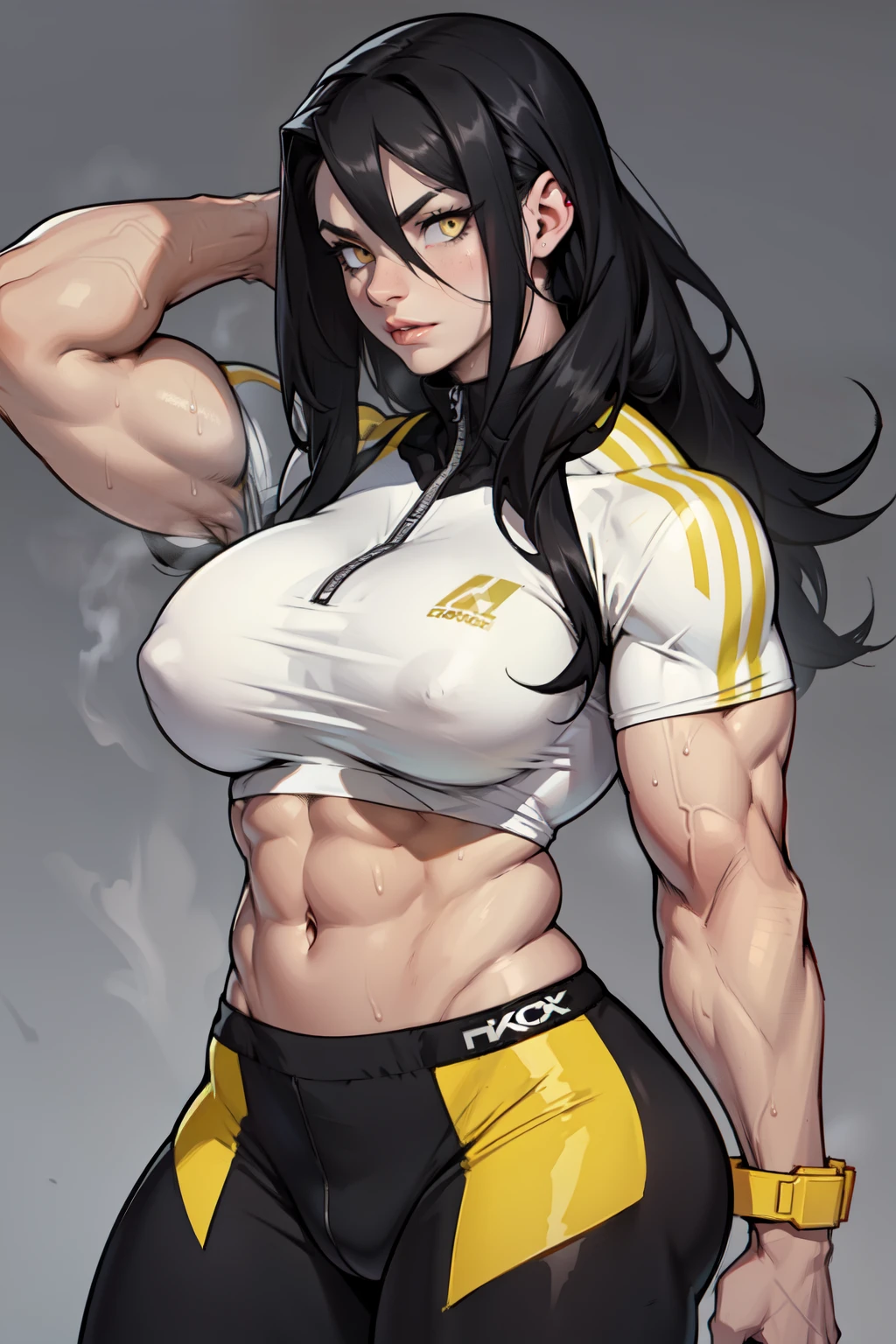 girl (1girl muscular grey background pale skin bodybuilder) toned body huge breasts thin waist black hair yellow eyes straight hair sweaty hair between eyes tight