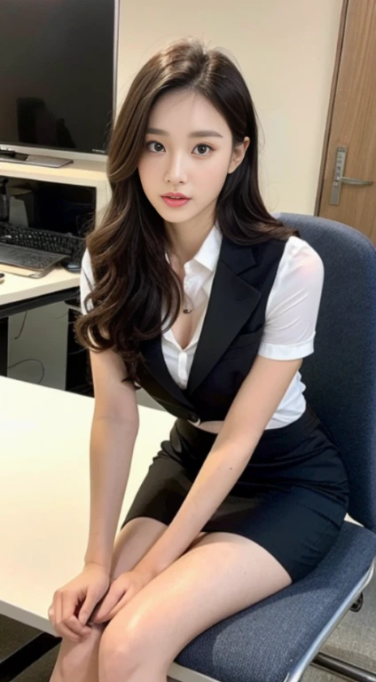 Kodak disposable camera photo of a beautiful Chinese female, Fanbingbing, Liu Wen, Fei Fei Sun, smiling suggestively, sitting in an office