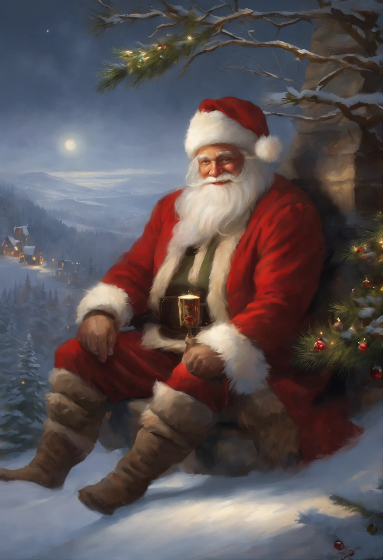 Painting of Santa Claus with a Christmas tree on his lap, Charles Vess and Thomas Kinkade, tyler edlin fantasy art, Todd Lockwood, based on Rudolf F.. Ingerle, rob rey, inspired by Michael Malm, Thomas Kinkade, Winter Rumplestiltskin, Verse Kerem, tuomas korpi and wlop