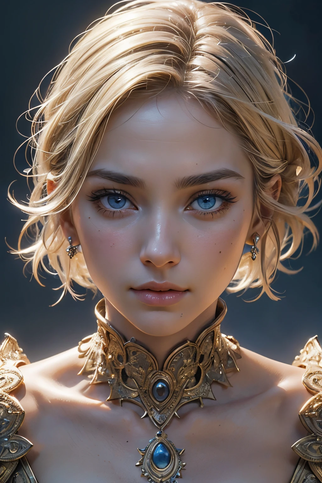 ((close-up on face)) A beautiful woman in her 20s. Western face, blonde, short hair, straight hair. vibrant blue eyes. white skin, thin face, thin nose. thin eyebrow. expression would be. strong, Blurred background. Breathtaking cinematic photo, intricate details, shallow depth of field, epic, beautiful, masterpiece, award-winning, professional, highly detailed, detailed skin texture, (((best quality)), ((ultra resolution)), ((photorealistic: 1.4)), (intricate details) front view