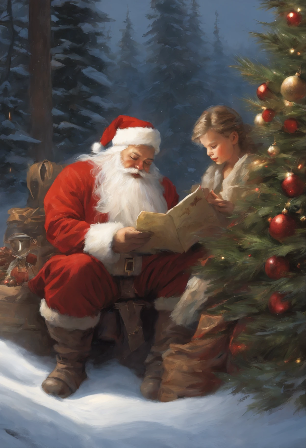 Julia and Mateo help Santa Claus go through the list of good and bad kids. Aprenden sobre la importancia de la bondad y la generosidad., Watercolor, trending on artstation, sharp focus, studio photo, intricate details, highly detailed, by greg rutkowski
