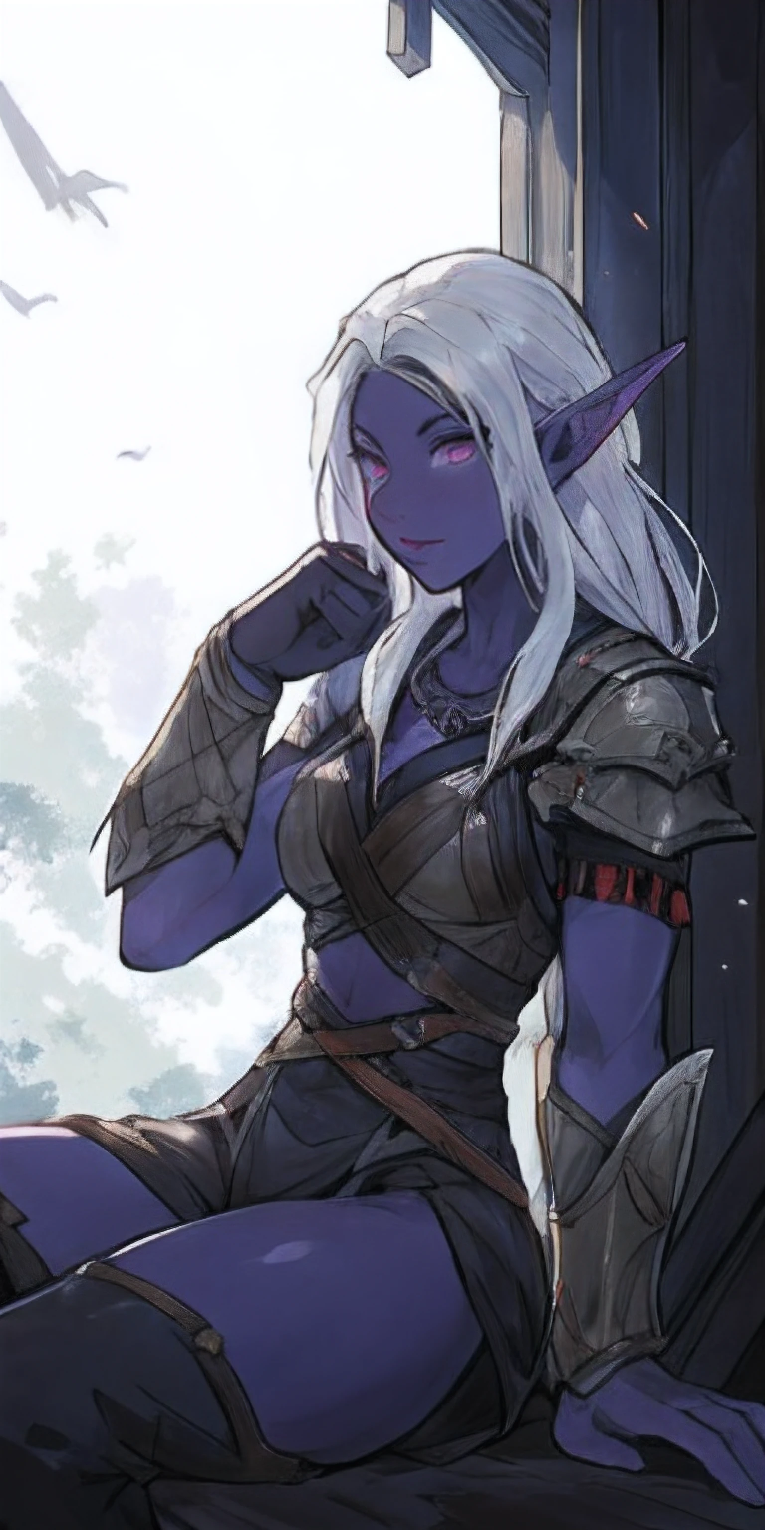 black blindfolded female drow elf slave wearing an adventurer outfit (very purple skin)