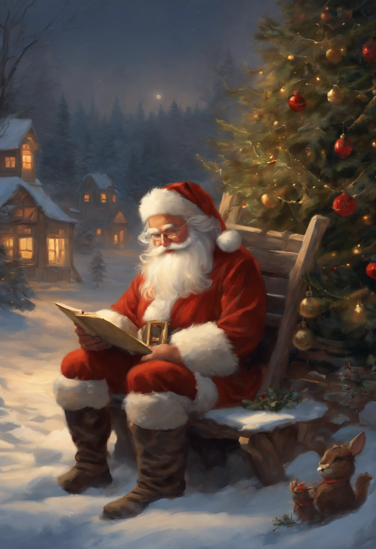 Painting of Santa Claus with a Christmas tree on his lap, Charles Vess and Thomas Kinkade, tyler edlin fantasy art, Todd Lockwood, based on Rudolf F.. Ingerle, rob rey, inspired by Michael Malm, Thomas Kinkade, Winter Rumplestiltskin, Verse Kerem, tuomas korpi and wlop