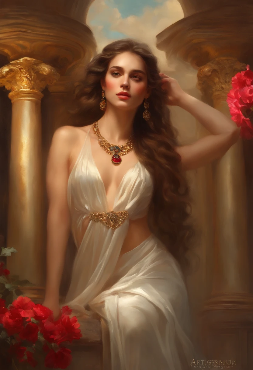 Painting of a woman, ((18 years old)), of extreme beauty and seduction, ((goddess of beautiful seduction)), perfect body, ((angel of death)), black medusa hair, long hair, ancient Greek costume , flowing and ethereal dress, ((Greek columns in the background) ), ((floor covered in colorful flowers)), sexy posture, (( with diamond and ruby amulet necklace on the neck)), ((bracelets on the arms and wrists )), richly dressed, ((sexy and sensual woman) ), ((goddess of seduction of extreme beauty)), baroque style painting, rococo, 32k Ultra, Ultra HD, Bowater art style, baroque digital painting, Renaissance digital painting, masterpiece! inspired by Franz Xaver Winterhalter, inspired by Friedrich von Amerling, beautiful character painting, beautiful digital painting, inspired by Thomas Lawrence, beautiful yywater painting, refraction, reflections, mirrors, prisms, sunlight, bright lights!! Complex, elegant, highly detailed digital painting, art station, concept art, sharp and soft focus, illustration, art by ( ( ( ( Artgerm ) ) ) ) and ( Greg Rutkowski )! and (((Alphonse Mucha))), eye