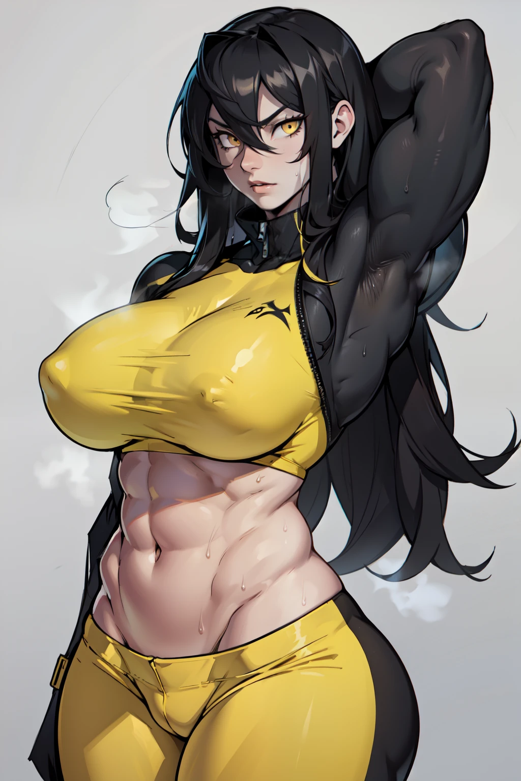 girl (1girl muscular grey background pale skin bodybuilder) toned body huge breasts thin waist black hair yellow eyes straight hair sweaty hair between eyes skintight