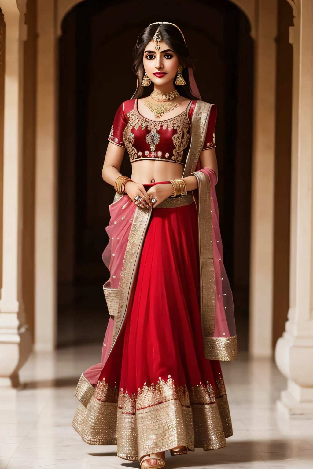 Clear and detailed facial features, beautiful little sister, wearing red Pakistani lehnga and gold jewelry,full body