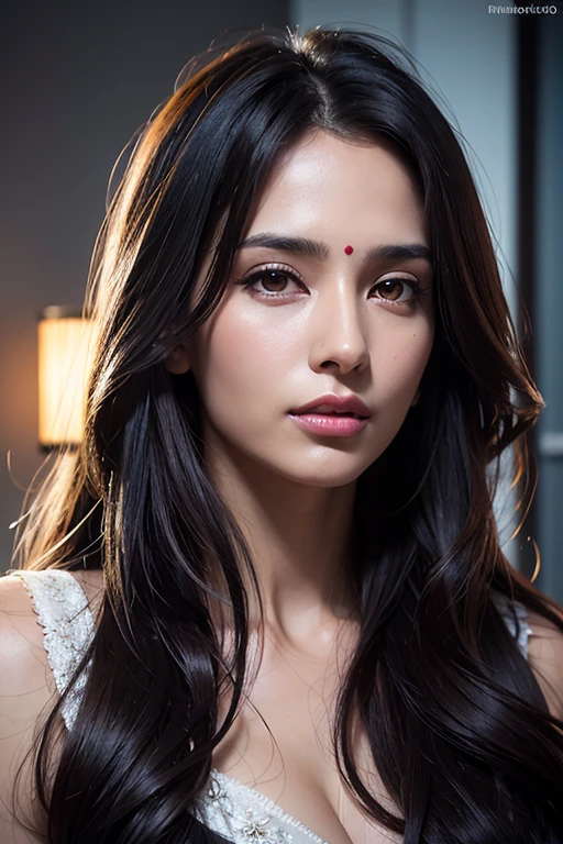 Portrait of Indian most beautiful and attractive woman in her 30s as a beautiful female model, beautiful face, [[Long Brunette Shag with Subtle Highlights]] Her dark hair falls in loose waves around her face, dramatic lighting, trending on art-station, portrait, digital art, modern, sleek, highly detailed, formal, determined, pink liner lipstick, soft lips, black eyes, happy,
