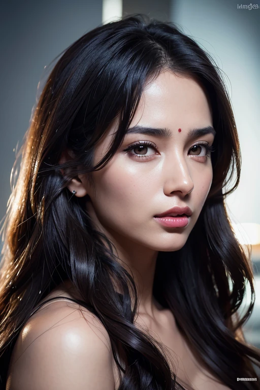 Portrait of Indian most beautiful and attractive woman in her 30s as a beautiful female model, beautiful face, [[Long Brunette Shag with Subtle Highlights]] Her dark hair falls in loose waves around her face, dramatic lighting, trending on art-station, portrait, digital art, modern, sleek, highly detailed, formal, determined, pink liner lipstick, soft lips, black eyes, happy,