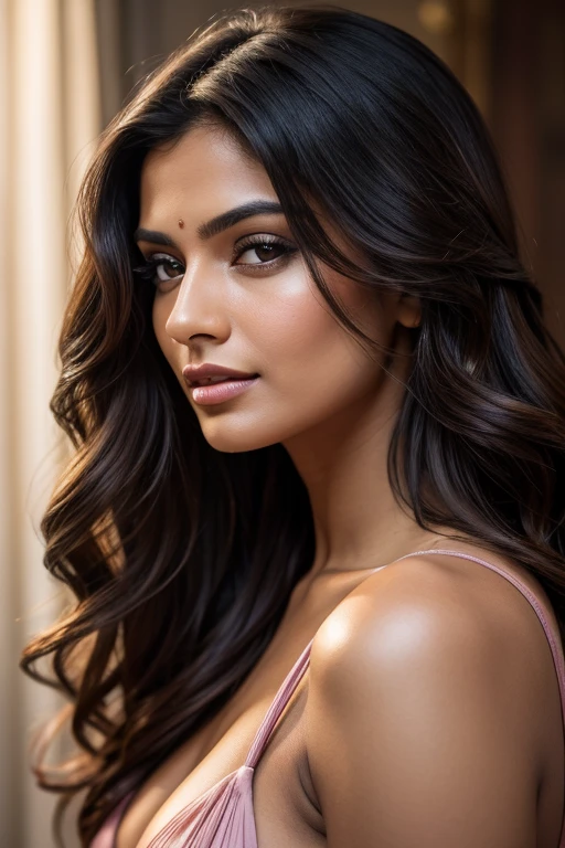 Portrait of Indian most beautiful and attractive woman in her 30s as a beautiful female model, beautiful face, [[Long Brunette Shag with Subtle Highlights]] Her dark hair falls in loose waves around her face, dramatic lighting, trending on art-station, portrait, digital art, modern, sleek, highly detailed, formal, determined, pink liner lipstick, soft lips, black eyes, happy, naked