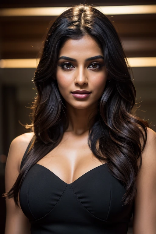 Portrait of Indian most beautiful and attractive woman in her 30s as a beautiful female model, beautiful face, [[Long Brunette Shag with Subtle Highlights]] Her dark hair falls in loose waves around her face, dramatic lighting, trending on art-station, portrait, digital art, modern, sleek, highly detailed, formal, determined, pink liner lipstick, soft lips, black eyes, happy, naked