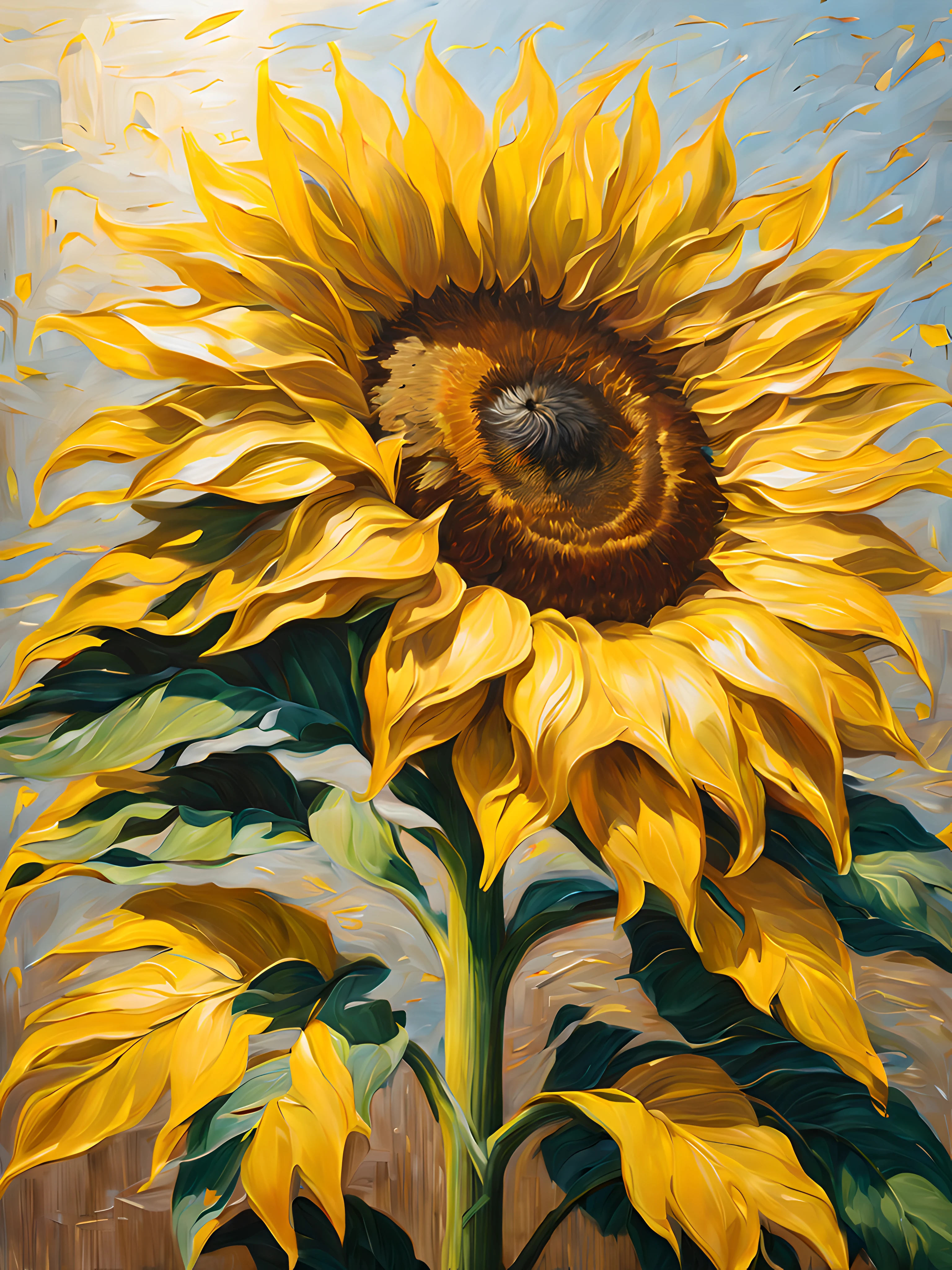 best quality, 8k, highres, masterpiece, ultra-detailed, realistic, photorealistic, photo-realistic, painting, sunflower, beautiful detail, artistic, fine art