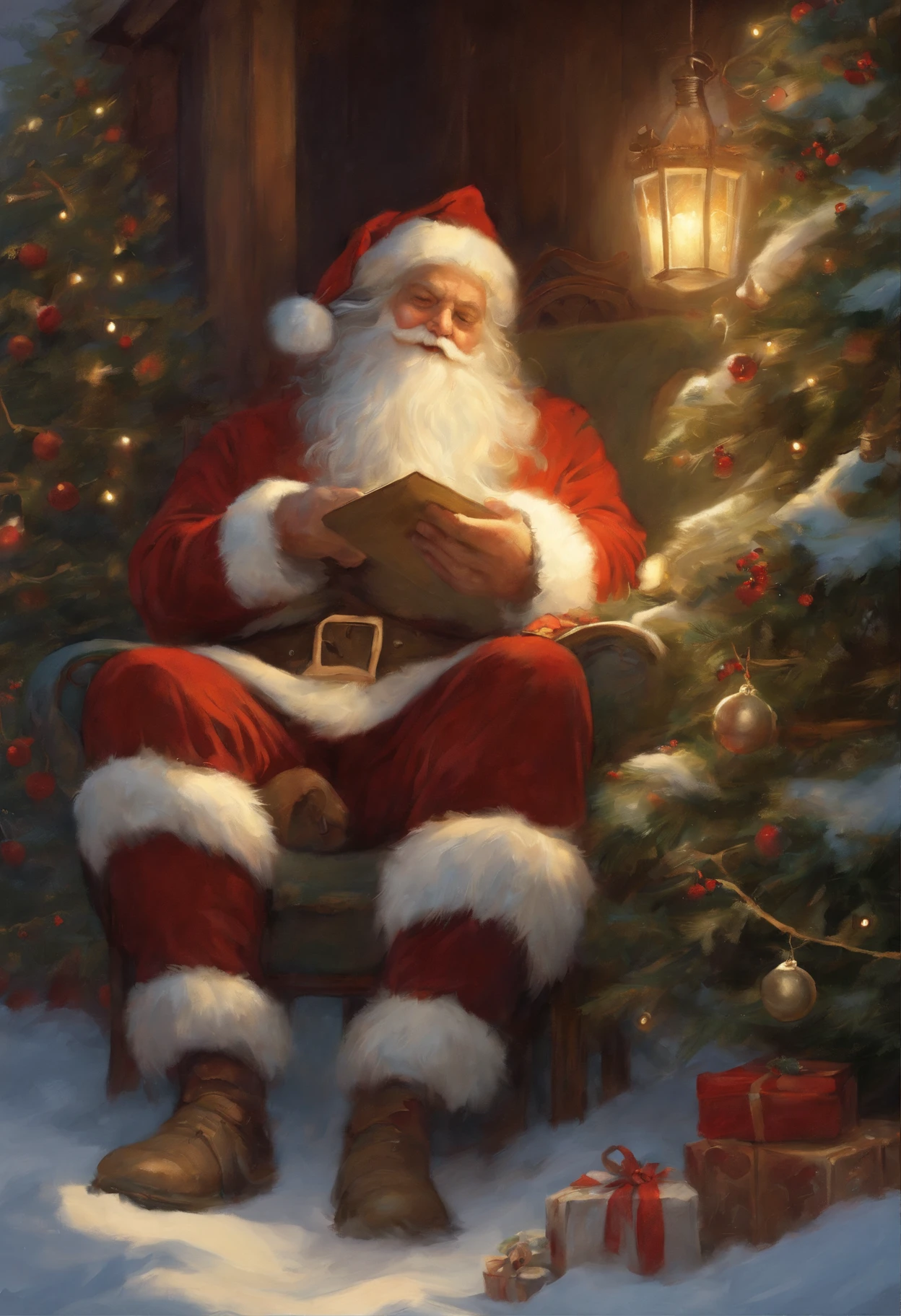 Painting of Santa Claus with a Christmas tree on his lap, Charles Vess and Thomas Kinkade, tyler edlin fantasy art, Todd Lockwood, based on Rudolf F.. Ingerle, rob rey, inspired by Michael Malm, Thomas Kinkade, Winter Rumplestiltskin, Verse Kerem, tuomas korpi and wlop