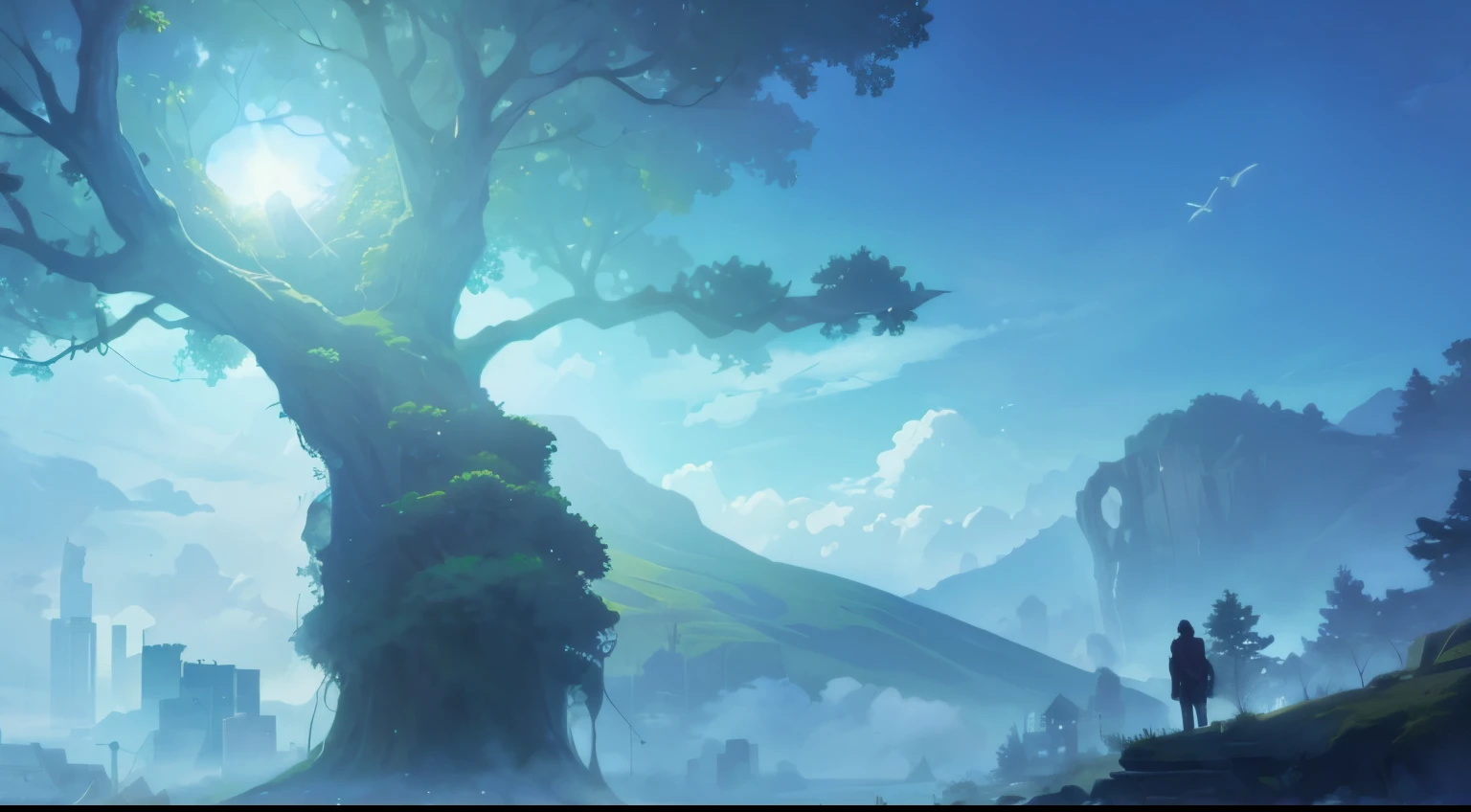 two giant twin trees reaching into the sky, light clouds, people in the right corner looking at the tree, a forest beneath the trees, a futuristic city in the bottom left corner, birds flying in the sky, particles of light, falling leaves