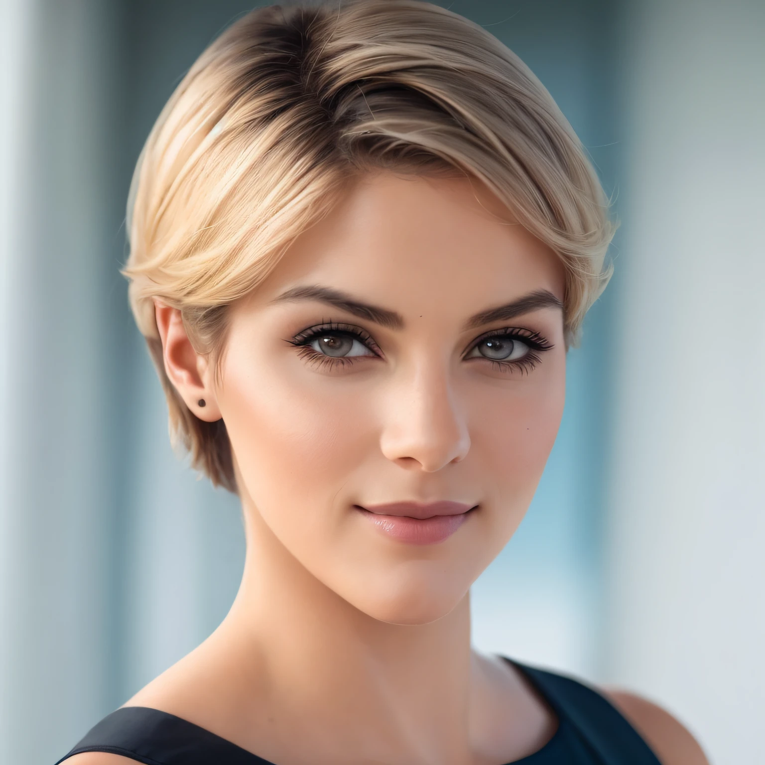 Mulher loira com cabelo curto e vestido preto posando para uma foto, com cabelos curtos, cabelos curtos com gel, androgynous face, androgynous person, short hair - medium, attractive androgynous humanoid, cabelos lisos curtos, com o mesmo penteado, cabelos castanhos claros curtos, cabelos curtos naturais, medium short hair, portrait androgynous girl