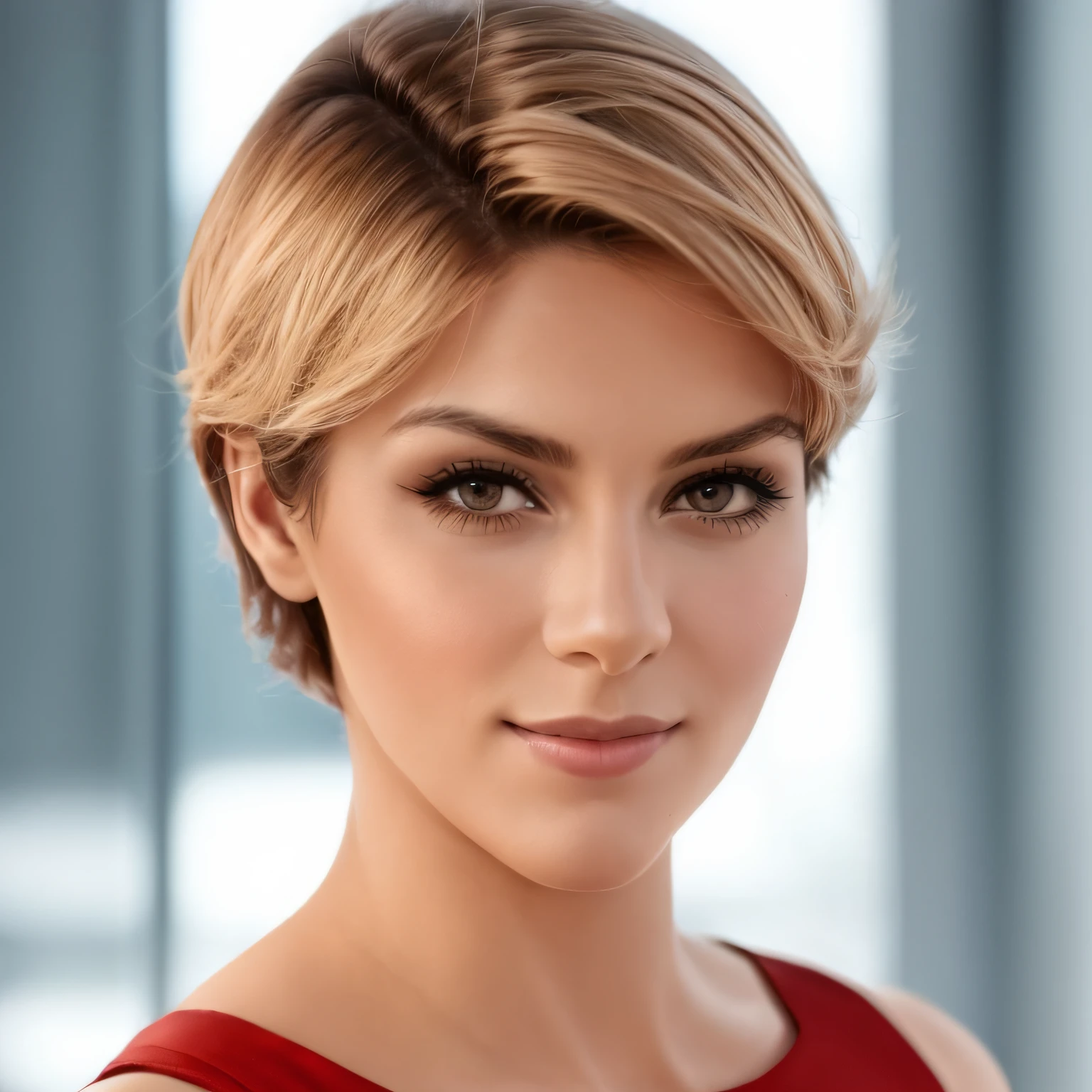 Mulher loira com cabelo curto e vestido preto posando para uma foto, com cabelos curtos, cabelos curtos com gel, androgynous face, androgynous person, short hair - medium, attractive androgynous humanoid, cabelos lisos curtos, com o mesmo penteado, cabelos castanhos claros curtos, cabelos curtos naturais, medium short hair, portrait androgynous girl