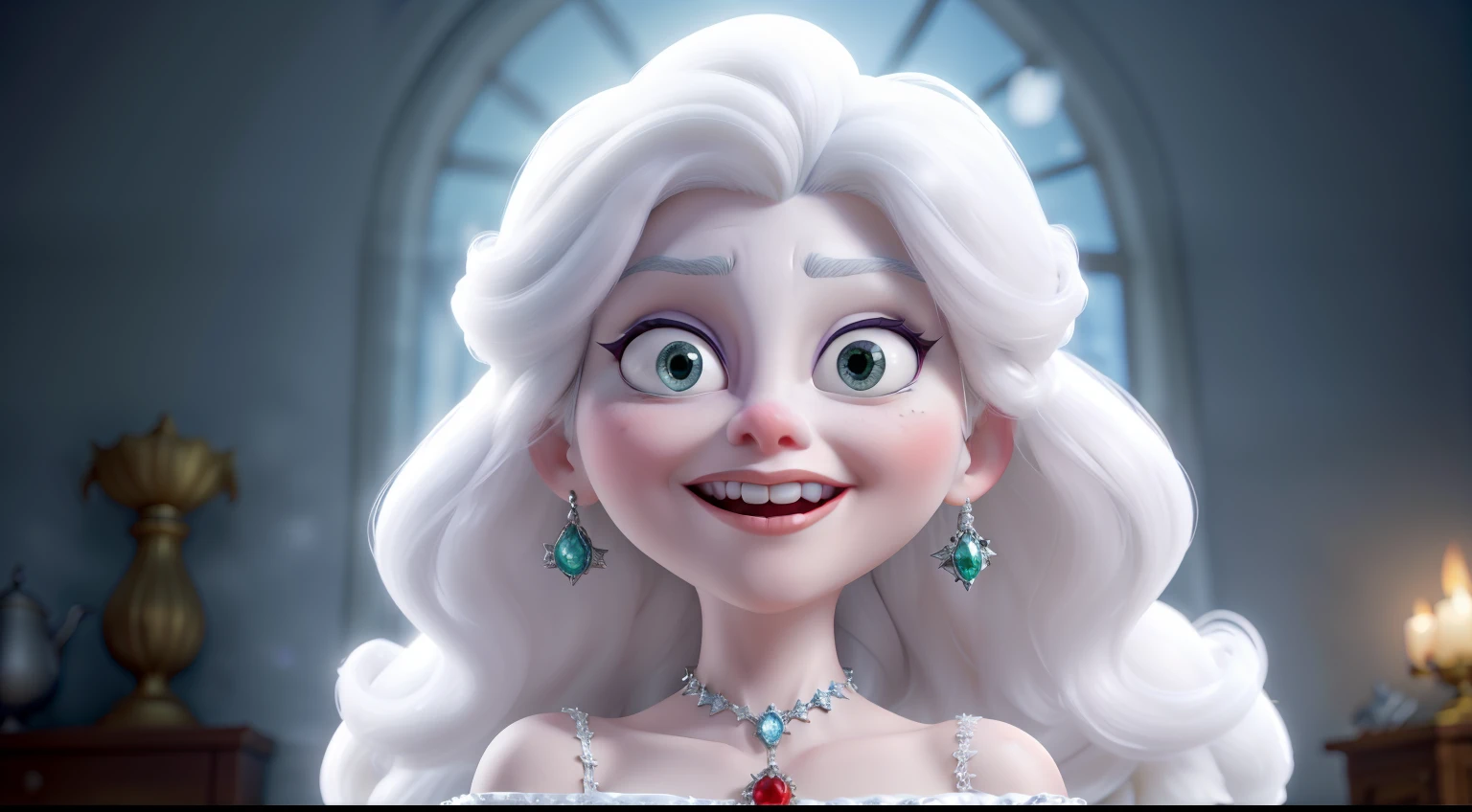 The Snow Queen has a complexion as white as a pearl, blonde hair, and demon-like eyes. She wears a red dress adorned with many jewels. The Snow Queen has a wicked gaze; she is angry like a devil.A full-figure with white hair, a troubled expression, and stern features.She smiles in a demonic and mocking way, making fun of everyone; she is wicked.