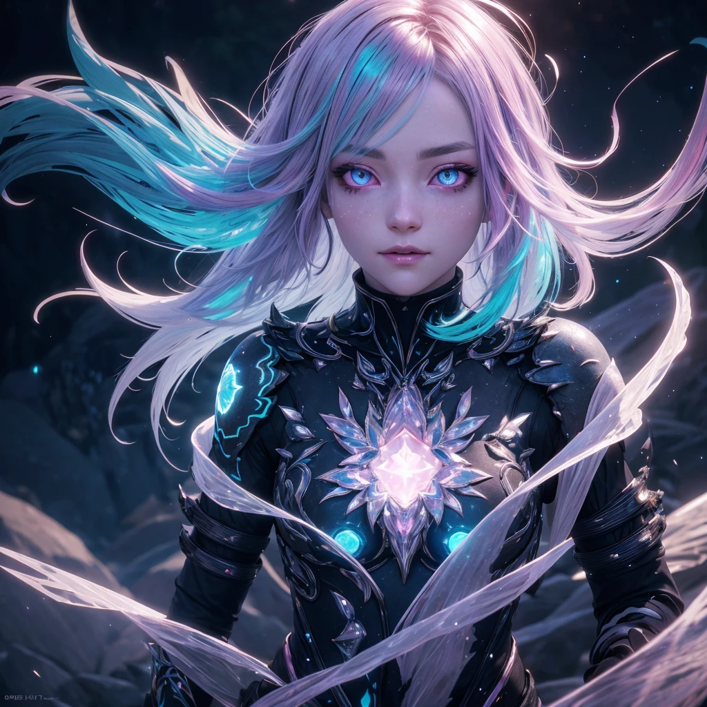 crystal girl, glowing eyes, aura, magic, face, floating glowing dyed hair, Intricately Detailed, 8K Resolution, Dynamic Lighting, Unreal Engine 5, HDR, Perfect Composition, colorful polychromatic, high contrast, ethereal, fantasy, Beautiful face, Photograph