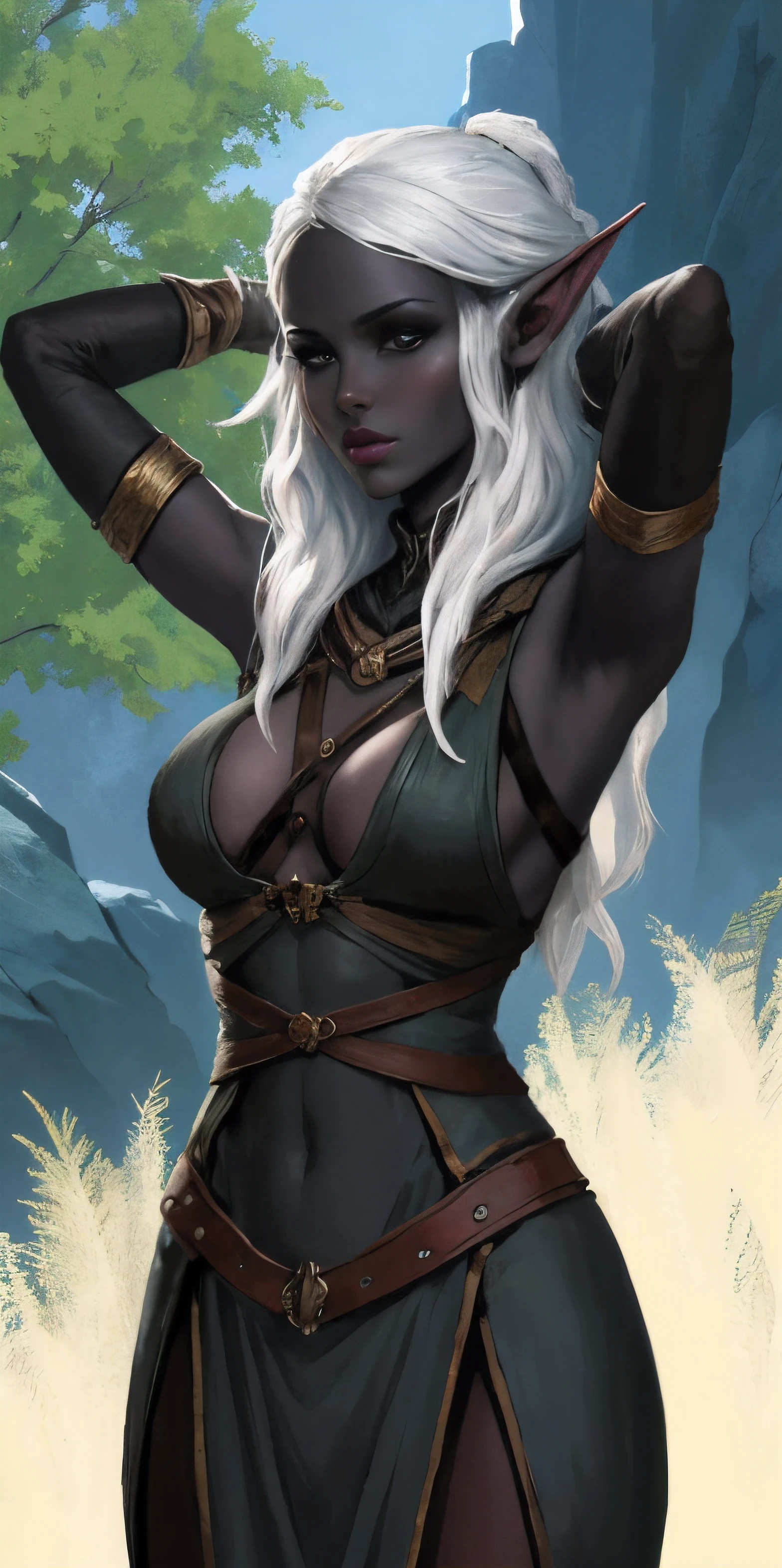 black blindfolded female drow elf slave wearing an adventurer outfit
