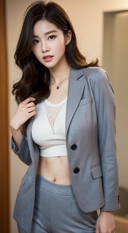 Chinese young woman,30 age old，D-cups， A fashion model, wearing a light blue suit, Glamour, paparazzi taking pictures of her, Blonde hair, Brown eyes, 8K, High quality, Masterpiece, Best quality, HD, Extremely detailed, voluminetric lighting, Photorealistic