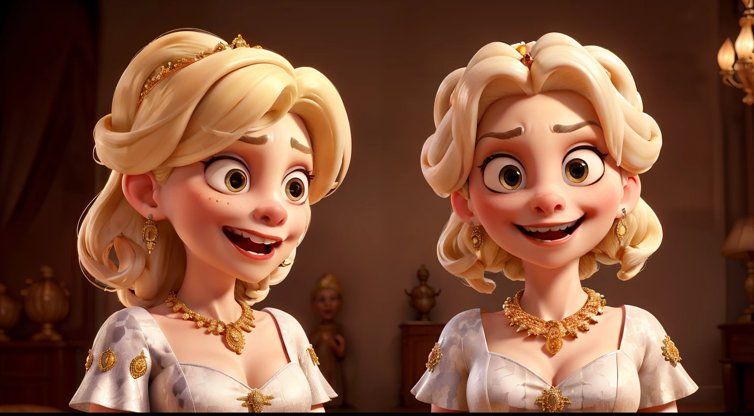 Two sisters with white skin and blonde hair, snake-like gazes, demonic laughter, dressed in luxurious attire with necklaces, earrings, and tiaras. The two sisters are standing in full figure, wearing long red dresses. They have closed mouths. They look angry, with a stern and displeased expression.