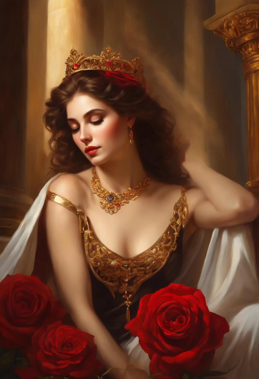 Painting of a woman, ((18 years old)), of extreme beauty and seduction, ((goddess of beautiful seduction)), perfect body, ((angel of death)), black medusa hair, long hair, panther eyes , ancient Greek costume, black dress with golden embroidery, flowing and ethereal, ((Greek columns in the background) ), ((floor covered in red roses)), sexy posture, ((with diamond and ruby amulet necklace around the neck) ), ((bracelets on arms and wrists)), richly dressed, ((sexy and sensual woman) ), ((goddess of seduction of extreme beauty)), baroque, rococo style painting, 32k Ultra, Ultra HD, Bowater art style , baroque digital painting, Renaissance digital painting, masterpiece! inspired by Franz Xaver Winterhalter, inspired by Friedrich von Amerling, beautiful character painting, beautiful digital painting, inspired by Thomas Lawrence, beautiful yywater painting, refraction, reflections, mirrors, prisms, sunlight, bright lights!! Complex, elegant, highly detailed digital painting, art station, concept art, sharp and soft focus, illustration, art by ( ( ( ( Artgerm ) ) ) ) and ( Greg Rutkowski )! and (((Alphonse Mucha))), eye