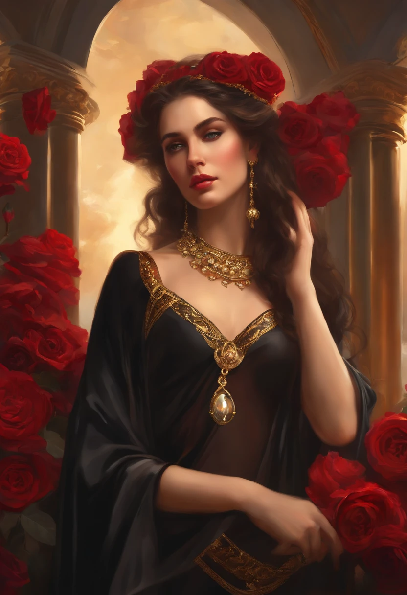 Painting of a woman, ((18 years old)), of extreme beauty and seduction, ((goddess of beautiful seduction)), perfect body, ((angel of death)), black medusa hair, long hair, panther eyes , ancient Greek costume, black dress with golden embroidery, flowing and ethereal, ((Greek columns in the background) ), ((floor covered in red roses)), sexy posture, ((with diamond and ruby amulet necklace around the neck) ), ((bracelets on arms and wrists)), richly dressed, ((sexy and sensual woman) ), ((goddess of seduction of extreme beauty)), baroque, rococo style painting, 32k Ultra, Ultra HD, Bowater art style , baroque digital painting, Renaissance digital painting, masterpiece! inspired by Franz Xaver Winterhalter, inspired by Friedrich von Amerling, beautiful character painting, beautiful digital painting, inspired by Thomas Lawrence, beautiful yywater painting, refraction, reflections, mirrors, prisms, sunlight, bright lights!! Complex, elegant, highly detailed digital painting, art station, concept art, sharp and soft focus, illustration, art by ( ( ( ( Artgerm ) ) ) ) and ( Greg Rutkowski )! and (((Alphonse Mucha))), eye