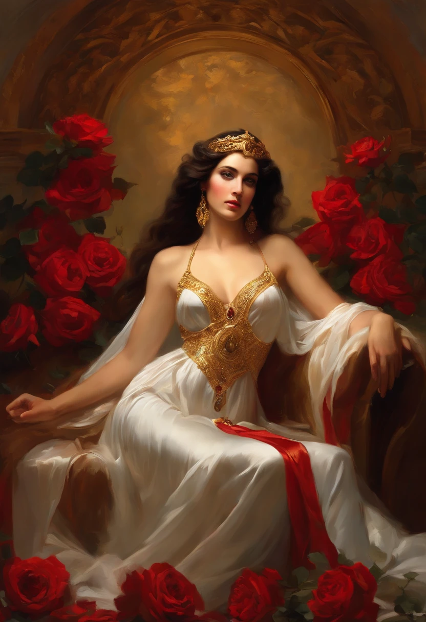 Painting of a woman, ((18 years old)), of extreme beauty and seduction, ((goddess of beautiful seduction)), perfect body, ((angel of death)), black medusa hair, long hair, panther eyes , ancient Greek costume, black dress with golden embroidery, flowing and ethereal, ((Greek columns in the background) ), ((floor covered in red roses)), sexy posture, ((with diamond and ruby amulet necklace around the neck) ), ((bracelets on arms and wrists)), richly dressed, ((sexy and sensual woman) ), ((goddess of seduction of extreme beauty)), baroque, rococo style painting, 32k Ultra, Ultra HD, Bowater art style , baroque digital painting, Renaissance digital painting, masterpiece! inspired by Franz Xaver Winterhalter, inspired by Friedrich von Amerling, beautiful character painting, beautiful digital painting, inspired by Thomas Lawrence, beautiful yywater painting, refraction, reflections, mirrors, prisms, sunlight, bright lights!! Complex, elegant, highly detailed digital painting, art station, concept art, sharp and soft focus, illustration, art by ( ( ( ( Artgerm ) ) ) ) and ( Greg Rutkowski )! and (((Alphonse Mucha))), eye