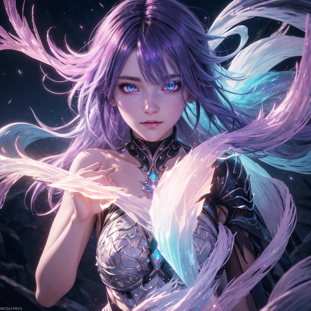 crystal girl, glowing eyes, aura, magic, face, floating glowing dyed hair, Intricately Detailed, 8K Resolution, Dynamic Lighting, Unreal Engine 5, HDR, Perfect Composition, colorful polychromatic, high contrast, ethereal, fantasy, Beautiful face, Photograph
