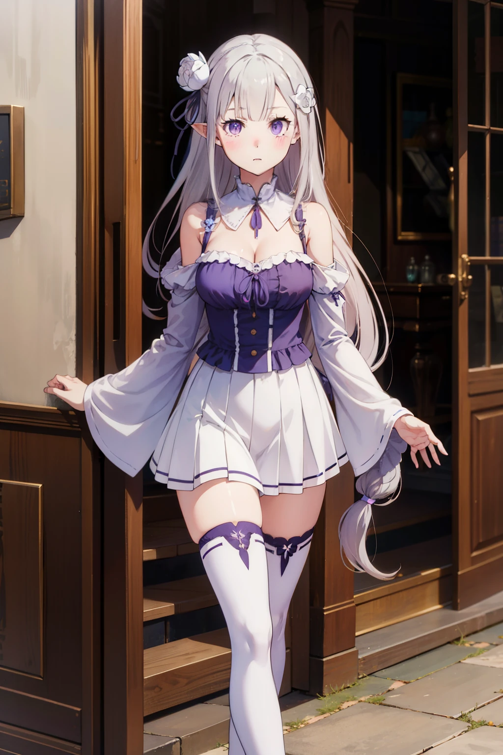 1girl, solo, Emilia, emilia_\(re:zero\), long hair, silver hair, blunt bangs, braid, hair ornament, hair flower, hair ribbon, purple ribbon, purple eyes, blush, low-tied long hair, elf, dress, bare shoulders, detached sleeves, wide sleeves, cleavage, pleated skirt, thighhights, white legwear, white shoes, outdoorasterpiece:1.2), highres, best quality, 8k, very clear,