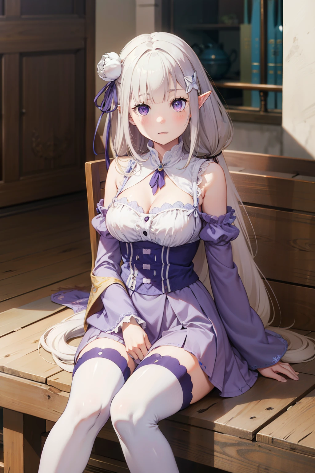 1girl, solo, Emilia, emilia_\(re:zero\), long hair, silver hair, blunt bangs, braid, hair ornament, hair flower, hair ribbon, purple ribbon, purple eyes, blush, low-tied long hair, elf, dress, bare shoulders, detached sleeves, wide sleeves, cleavage, pleated skirt, thighhights, white legwear, white shoes, outdoorasterpiece:1.2), highres, best quality, 8k, very clear,