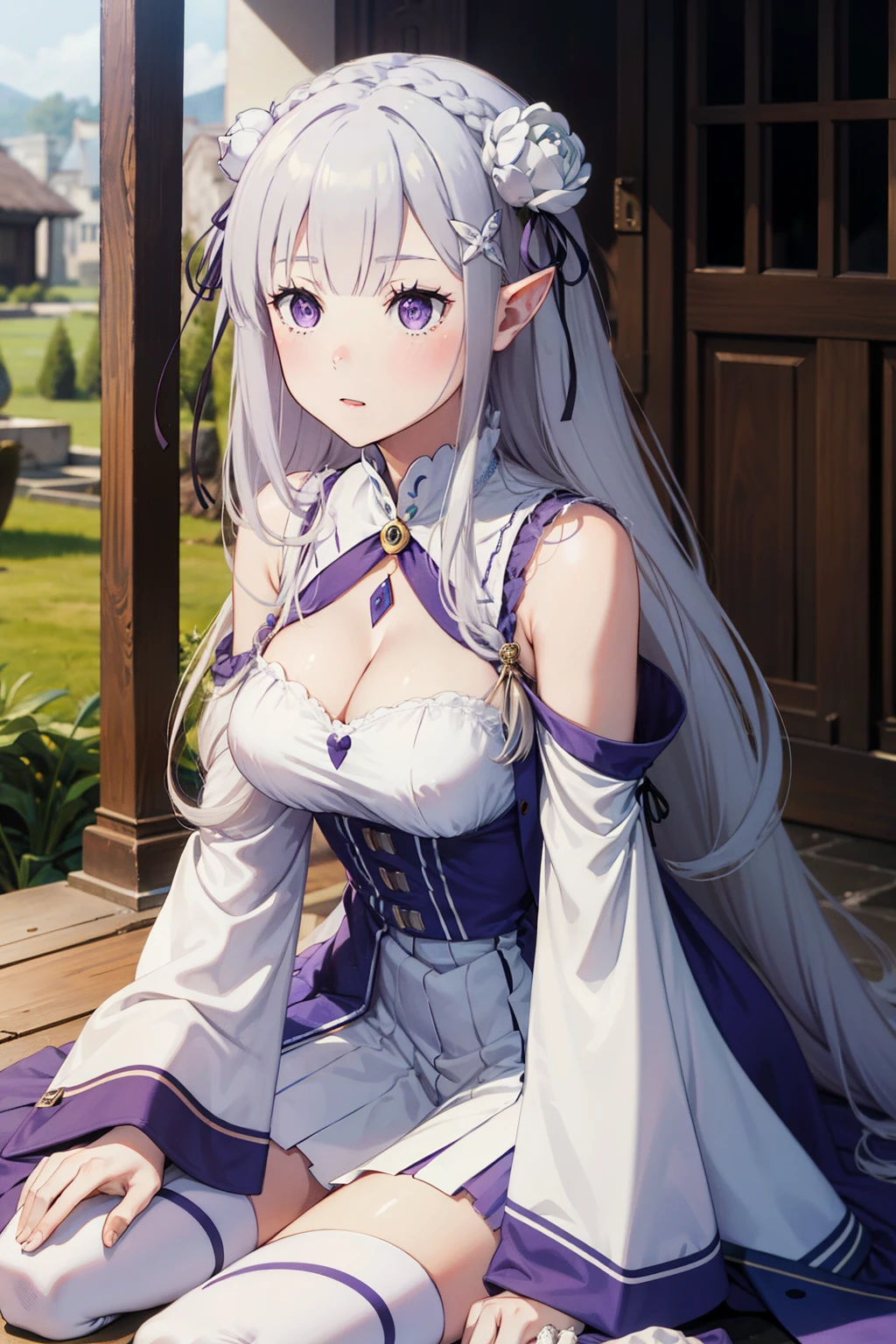 1girl, solo, Emilia, emilia_\(re:zero\), long hair, silver hair, blunt bangs, braid, hair ornament, hair flower, hair ribbon, purple ribbon, purple eyes, blush, low-tied long hair, elf, dress, bare shoulders, detached sleeves, wide sleeves, cleavage, pleated skirt, thighhights, white legwear, white shoes, outdoorasterpiece:1.2), highres, best quality, 8k, very clear,