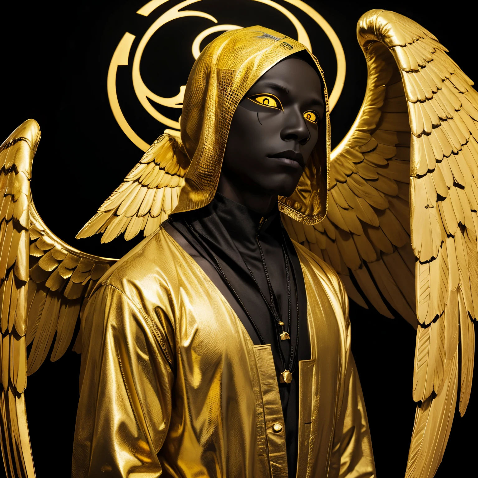 Criptid Male Angel with golden yellow eyes, no face (([void black face besides the eyes])), golden yellow wings